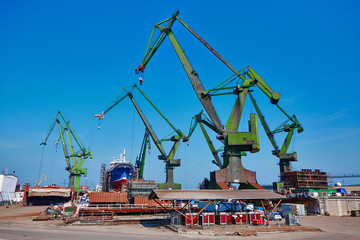 Tower cranes at shipyard - obrazy, fototapety, plakaty