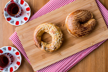 Turkish Ay coregi and tea / Croissant with chocolate cocoa and raisin.