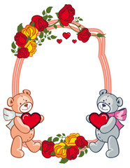 Obraz na płótnie Canvas Oval frame with roses and two teddy bears holding heart. Vector 