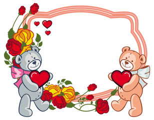 Oval frame with  roses and two teddy bears holding heart. Vector 