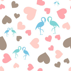 Seamless pattern with hearts and flamingo. Grey background. Paper for print or a gift.