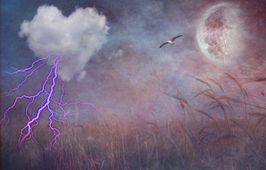 Fototapeta premium Textured heart cloud and open field with moon