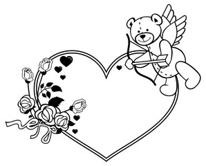 Heart-shaped frame with outline roses and teddy bear with bow and wings.