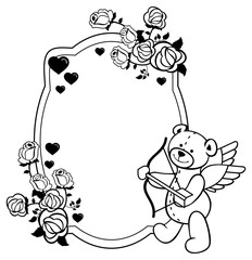 Oval label with outline roses and teddy bear.  Vector clip art.