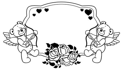 Oval label with outline roses and teddy bear.  Vector clip art.