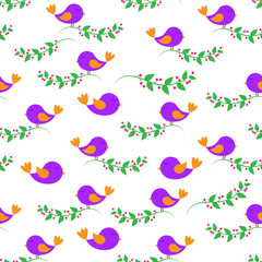 Seamless pattern with cute cartoon birds on branches.