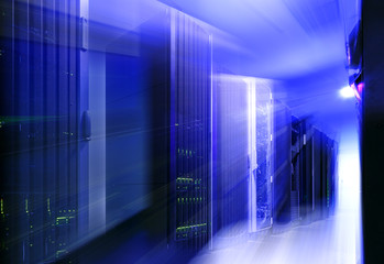 futuristic modern server room in data center with light blur and motion