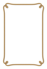 Yellow rope woven vector border with rope knots, vertical vector frame, isolated on white
