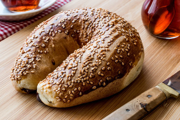Turkish Ay coregi and tea / Croissant with chocolate cocoa and raisin.