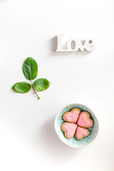 cookies for Valentine Day heartshaped on white background top view