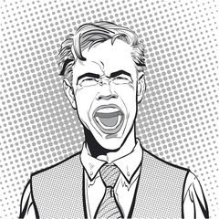 Yelling man. Cry of despair. Screaming. Despair and pain of failure or disease.Angry screaming man. Frustrated businessman shouting. Screaming man. Concept idea of advertisement. Halftone background. 