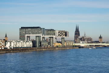 Fototapeta na wymiar Köln: Kölner Dom mit Kranhäusern und Rhein