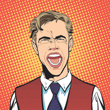 Yelling man. Cry of despair. Screaming. Despair and pain of failure or disease.Angry screaming man. Frustrated businessman shouting. Screaming man. Concept idea of advertisement. Halftone background. 
