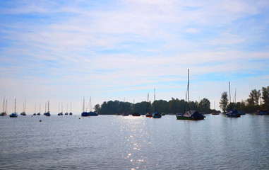 Sailboats near Immenstaad on Lake Constance on a calm sunny day