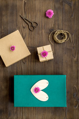 wrapping gifts in box for holiday top view mock up
