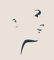 Face profile view. Elegant silhouette of a female head. Vector Illustration. Short hair. Monochrome gamma. Beautiful smiling woman