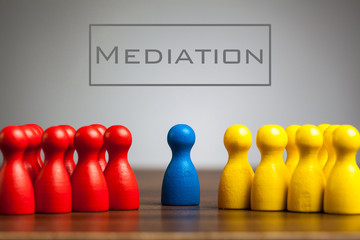 Mediation concept with pawn figurines on table, grey background - obrazy, fototapety, plakaty