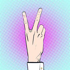 Victory gesture. Hand victory sign. Two fingers up. Victory sign. Victory celebrating. Concept idea of advertisement and promo. Halftone background. Pop art retro style illustration. 