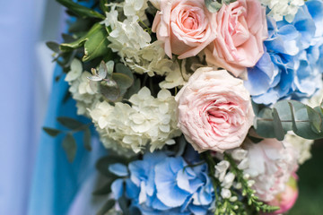 Wedding arch, floral decorations in the garden. Collage
