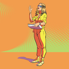 Young women managing process. Woman's management. Speaking woman. Woman in sunglasses. Hand up. Woman explaining something. Concept idea of advertisement. Halftone background. Pop art illustration. 