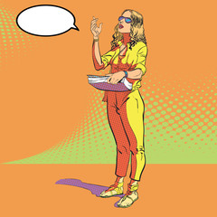 Young women managing process. Woman's management. Speaking woman. Woman in sunglasses. Hand up. Woman explaining something. Concept idea of advertisement. Halftone background. Pop art illustration. 