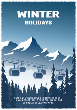 Cable railway car on winter landscape background.