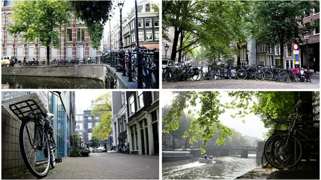 Four in one: Amsterdam concept - bicycle, canals at sunny european autumn, Netherlands