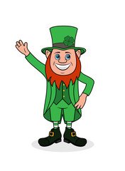 Cheerful leprechaun with clover vector illustration.