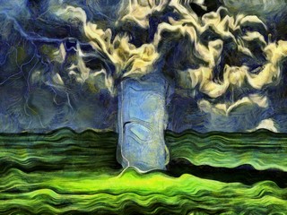 Obraz premium Warped painting of doorway in empty green