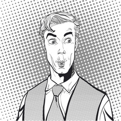 Portrait of surprised man. Surprised businessman. Surprised man. Concept idea of advertisement and promo. Pop art retro style illustration. People in retro style. Halftone background.  question what.