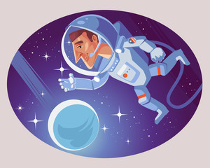 Fototapeta premium Astronaut character in cosmic space. Vector flat cartoon illustration