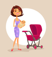 Happy mother character holding baby in hands. Vector flat cartoon illustration
