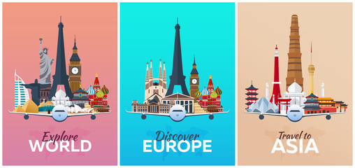 Discover Europe, Explore Europe, travel to Asia. Vacation. Trip to country. Travelling illustration. Modern vector flat.