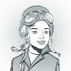 Young smiling aviator. Girl pilot. Woman pilot. Air sport. Smiling pilot. Concept idea of advertisement and promo. Halftone background. Pop art retro style illustration.