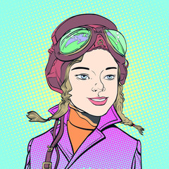 Young smiling aviator. Girl pilot. Woman pilot. Air sport. Smiling pilot. Concept idea of advertisement and promo. Halftone background. Pop art retro style illustration.