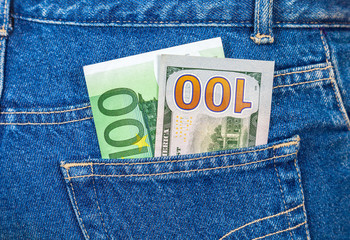 Banknotes of one hundred euro and one hundred american dollars s