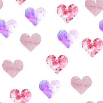 Pattern of watercolor hearts of different colors and textures. Background for packaging, postcards, flyers and invitations to a holiday Valentine.