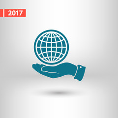 Globe icon with hand, vector illustration. Flat design style