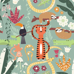 Naadloos patroon met schattige regenwouddieren, tijger, slang, luiaard