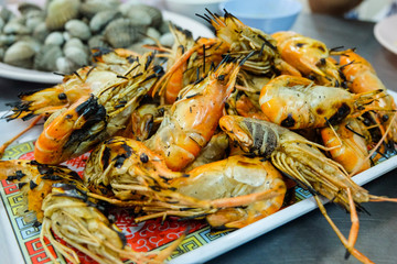 The shrimps burn serve on dish at Ayutthaya ,Thailand.