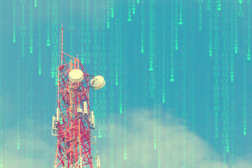 Telecommunication tower in cellular network. Blue sky with cloud
