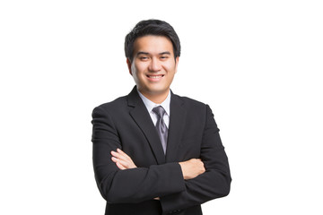 Young asian handsome businessman in black suit smiling isolated