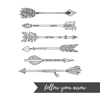 Arrow set in native american indian style. Vector hand drawn hipster illustration isolated on white background. Boho design.