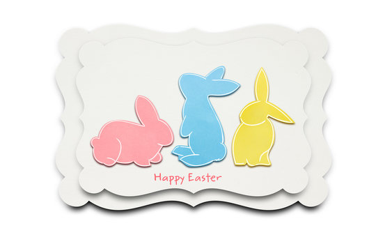 Happy easter / Creative easter concept photo of three rabbits with made of paper on white background.