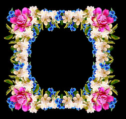 Frame of bright and colorful flowers isolated on a black backgro