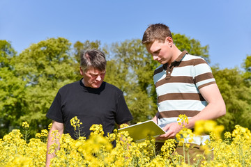 Landwirtschaftliche Ausbildung, Azubi und Meister im Rapsfeld