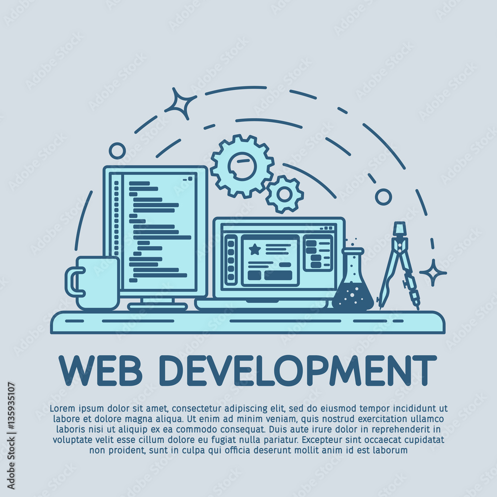 Poster line art banner design concept for creative studio. website development, web design. modern flat des