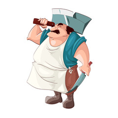 Colorful vector illustration of a grumpy cartoon butcher holding a huge hatchet and a knife.