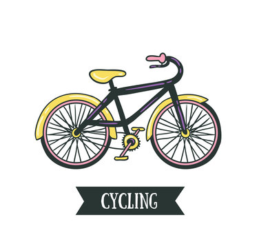 Vector hand drawn illustration with bicycle.  Cycling design isolated on the white background.