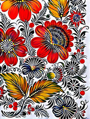 Petrikovka`s painting. Colorful painting flower with leaves. Traditional Ukrainian painting.